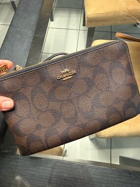 Coach Brown Signature Canvas Zip Pouch with Gold Hardware